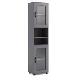 Tall Bathroom Storage Cabinet, 170 cm H Freestanding Storage Organizer with 2 Fluted Doors and Adjustable Shelf for Small Spaces, Slim Floor Cabinet for Living Room, Kitchen, Laundry, Grey