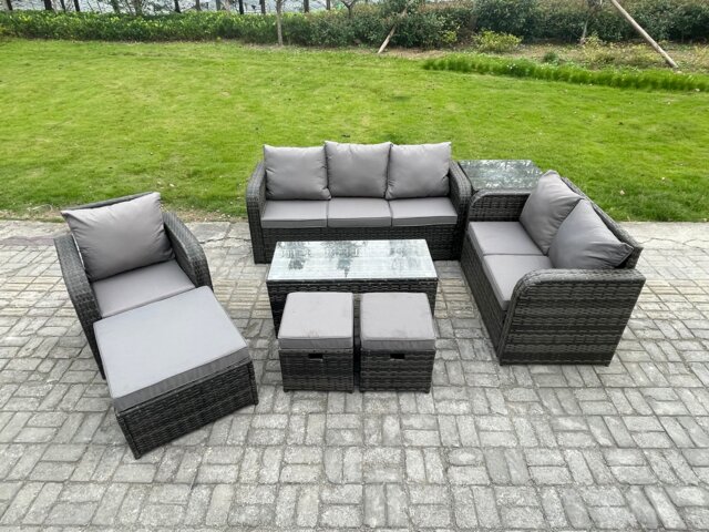 Fimous 9 Seater High Back Rattan Garden Furniture Set with Loveseat Sofa Rectangular Coffee Table Side Table 3 Footstools Indoor Outdoor Patio Lounge Sofa Set Dark Grey Mixed