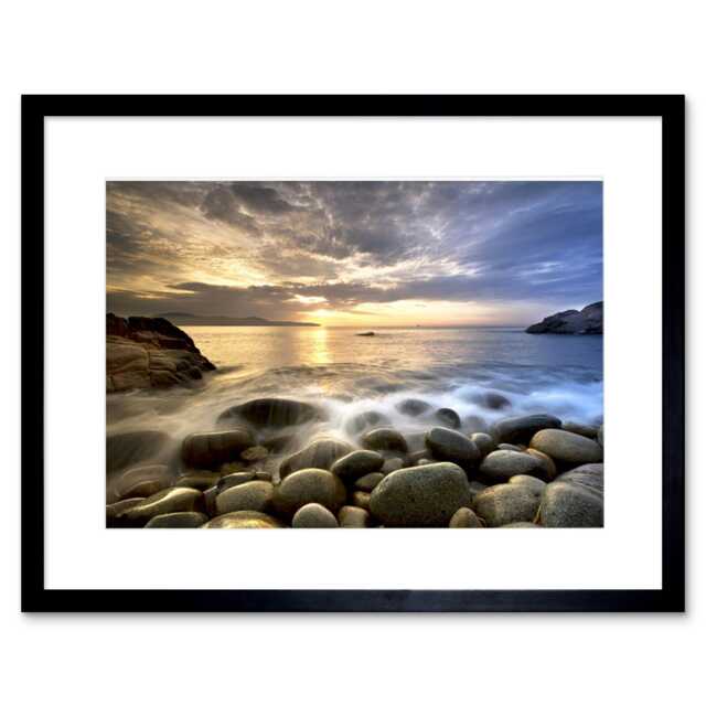 "Rocky Seaside Beach Sunset Sky Photograph Bathroom 9x7"" Black Framed Wall Art Print"