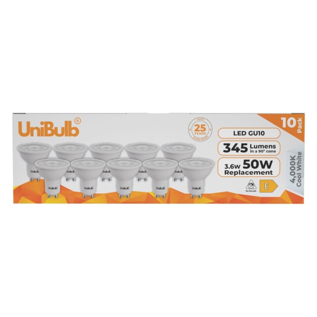UniBulb LED GU10 345lm 3.6W (Replaces 50W) 4000K (Cool White) Spotlight Downlight Light Bulb - Pack of 10 White Cool White 10