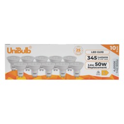 UniBulb LED GU10 345lm 3.6W (Replaces 50W) 4000K (Cool White) Spotlight Downlight Light Bulb - Pack of 10 White Cool White 10