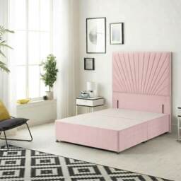 Sunburst Divan Bed with 54'' Floor Standing Headboard Plush Velvet Pink Pink