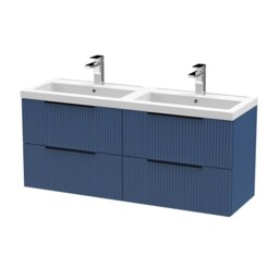 Balterley Fluted Front Wall Hung 4-Drawer Bathroom Vanity Unit with Double Basin, Handles Blue Satin Blue