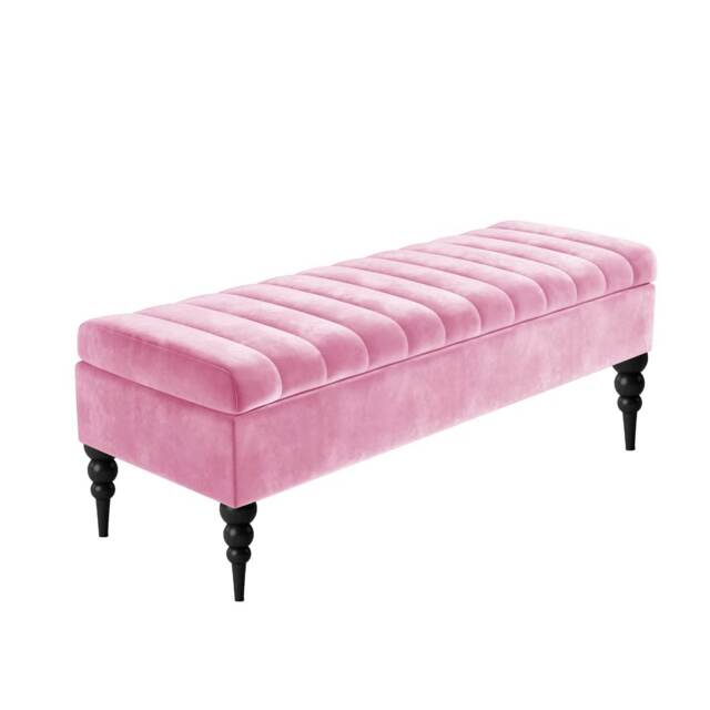 137cm Sierra Striped Ottoman Storage Bench with Black Turned Wooden Legs - Pink Plush Velvet Upholstered Shoes Bench