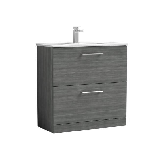 Balterley Modern Bathroom 2 Soft Close Drawer Floor Standing Vanity Unit & Basin Grey Anthracite Woodgrain 818 x 800 x 390mm