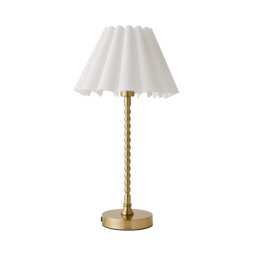 ValueLights Maeve White Scallop Pleated Taper Shade Brushed Gold Bobbin Bobble Table Lamp