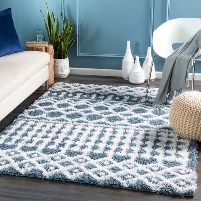 LIVABLISS Urban Shaggy-Geometric Soft Plush Pile Rug 130 x 170 cm Blue White