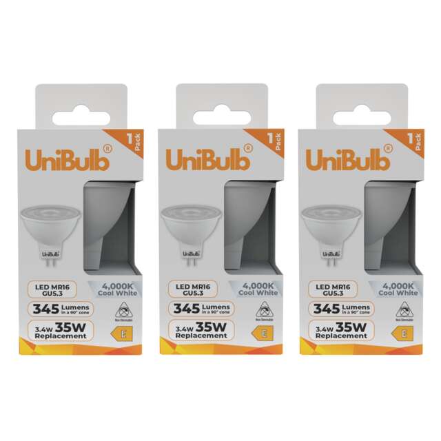 UniBulb LED MR16 GU5.3 345lm 3.4W (Replaces 35W) 4000K (Cool White) Spot Downlight Ceiling Light Bulb - Pack of 3 White Cool White 3
