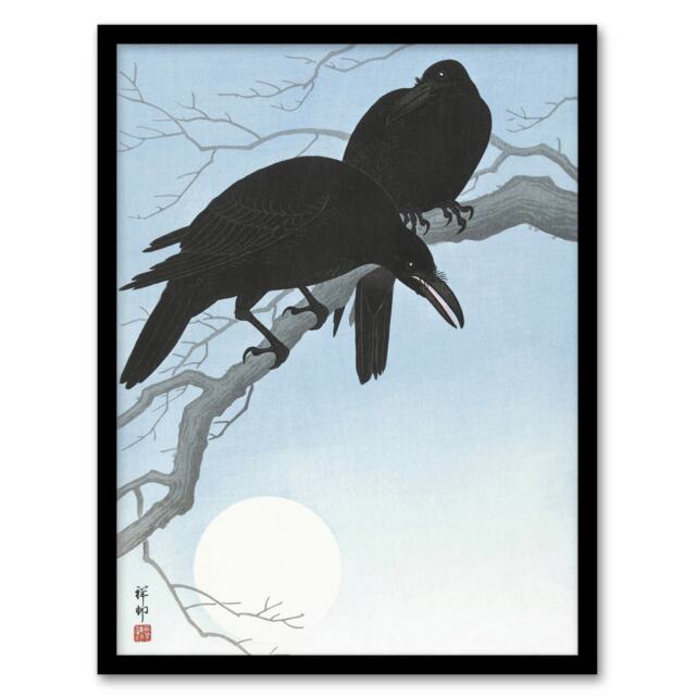 "Two Crows On A Tree Branch Vintage Japan Framed Wall Art Print Koson 12x16"""