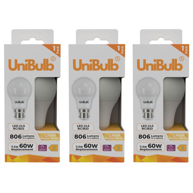 UniBulb LED GLS B22 Bayonet Cap (BC) 806lm 7.3W (Replaces 60W) 2700K (Warm White) Dimmable Light Bulb - Pack of 3