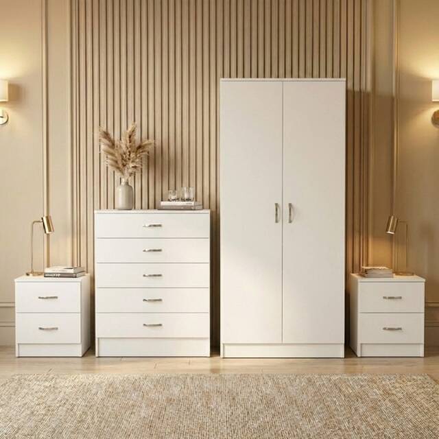 Vida Designs Riano 4 Piece Bedroom Set (2x 2 Drawer Bedside Chest, 5 Drawer Chest, 2 Door Wardrobe) - White