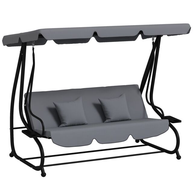 Outsunny 2-in-1 Garden Swing Chair for 3 Person w/ 2 Pillows, Dark Grey