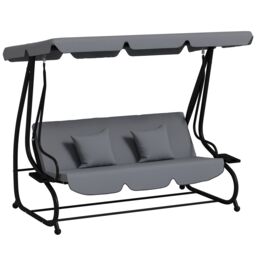 Outsunny 2-in-1 Garden Swing Chair for 3 Person w/ 2 Pillows, Dark Grey