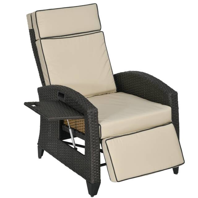 Outsunny Garden Recliner w/ Cushion, Reclining Rattan Chair, Khaki/Brown