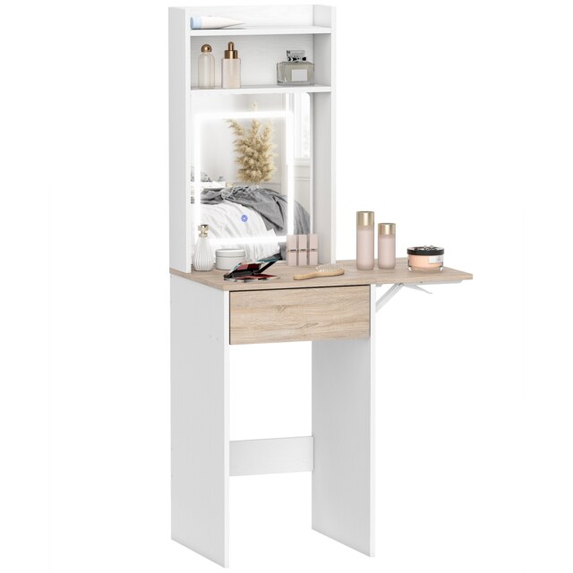 HOMCOM Compact Dressing Table with Lighted Mirror Open Shelves Drawer White
