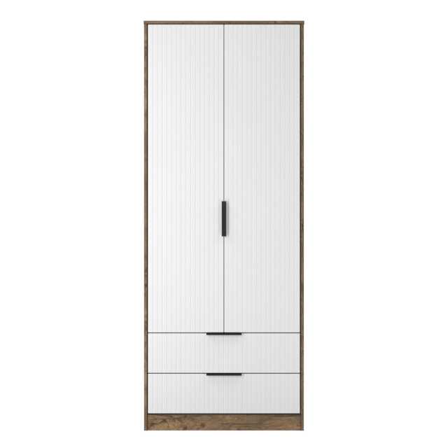Denver Tall 2 Drawer Double Wardrobe in White Matt & Vintage Oak (Ready Assembled) White White Matt & Vintage Oak