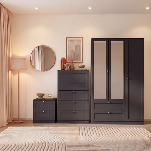 Vida Designs Altino 3 Piece Bedroom Set (2 Drawer Bedside, 5 Drawer Chest, 3 Door 2 Drawer Mirrored Wardrobe), Black