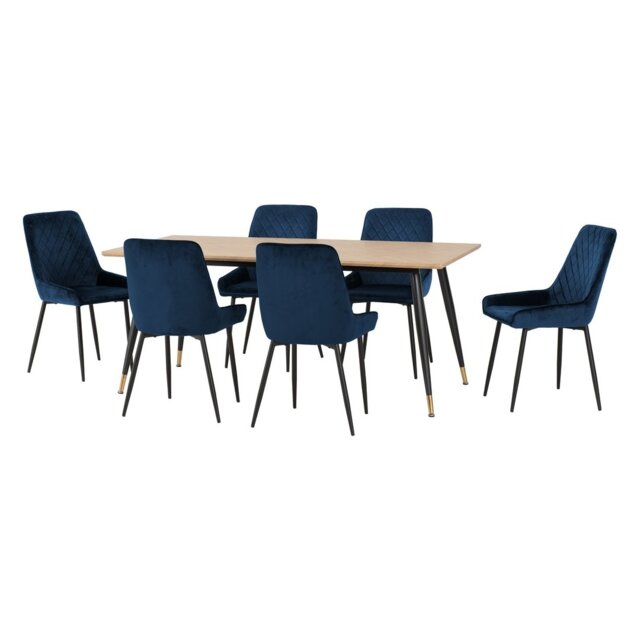 Hamilton & Avery Large Indoor Dining Set - Medium Oak Effect - Sapphire Blue Velvet