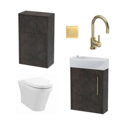 Power Cloakroom Bundle - Right Wall Hung Vanity Unit, Concealed Cistern WC Unit, Toilet & Tap, 440mm - Slate/Brass - Balterley Multi