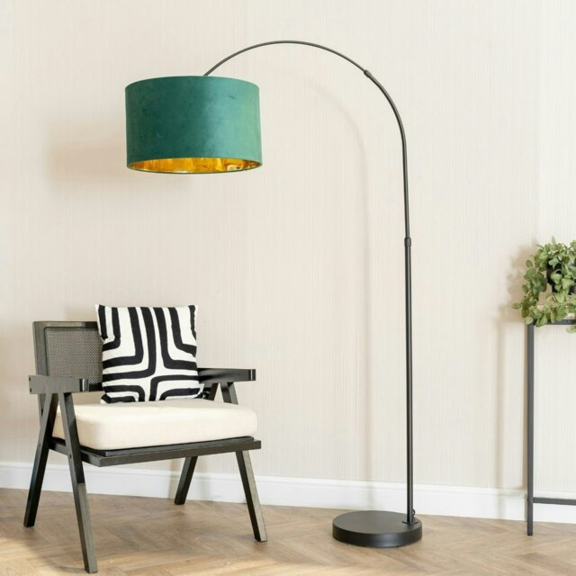 ValueLights Louis Black Arched Floor Lamp Forest Green Velvet Drum Metallic Gold Shade and Bulb