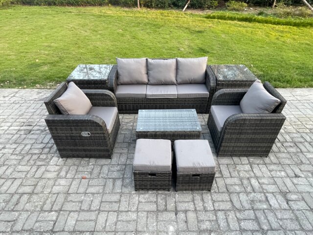 Fimous 7 Seater Rattan Garden Furniture Set Patio Outdoor Lounge Sofa Set with Rectangular Coffee Table 2 Small Footstools 3 Seater Sofa 2 Side Tables Dark Grey Mixed