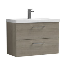 Balterley Wall Hung Bathroom 2 Drawer Vanity Unit and 1 Tap Hole Ceramic Basin, Woodgrain Mid Oak & Handles Brown