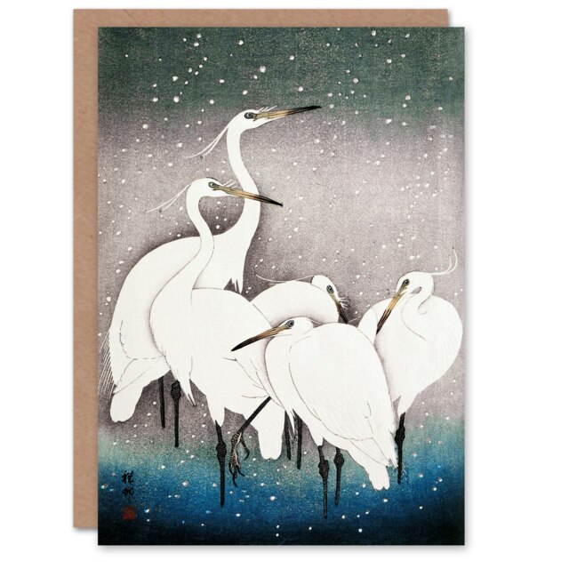 Ohara Koson Japanese Art Card Group Of Egrets in Falling Snow
