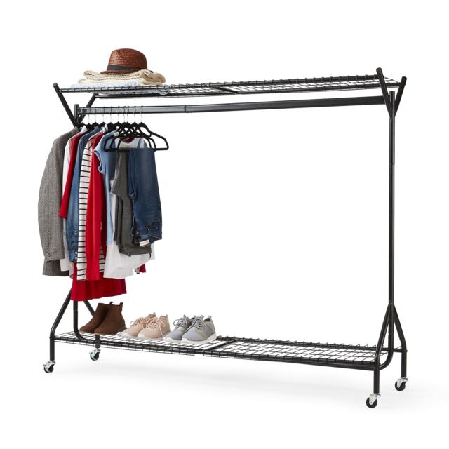 House of Home Clothing Rail Heavy Duty Hanging Clothes Shoe Hat Rack Shelves With Wheels 6ft x 5ft Black