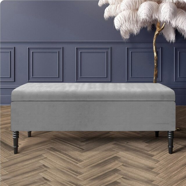 180cm Paris Plain Ottoman Storage Bench -Naples Shoes Bench with Black Turned Wooden Legs - Grey Upholstery Storage Footstool
