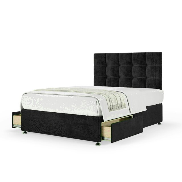 Black Naples Velvet 2 Drawer Divan Base and Pearl Headboard King Size