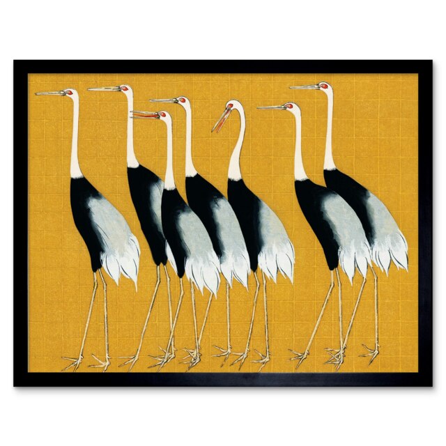 Herons Cranes Flock Birds Ogata Korin Monochrome Mustard Framed Wall Art Print