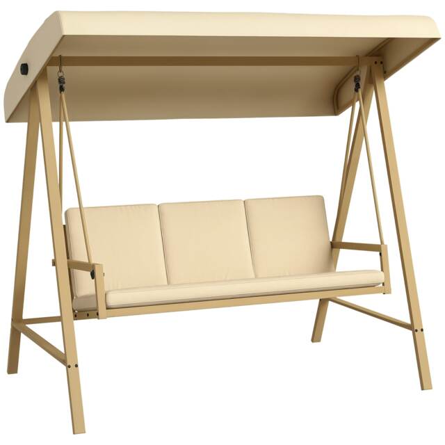 Outsunny 3 Seater Garden Swing Chair with Adjustable Canopy and Cushions, Beige White Beige