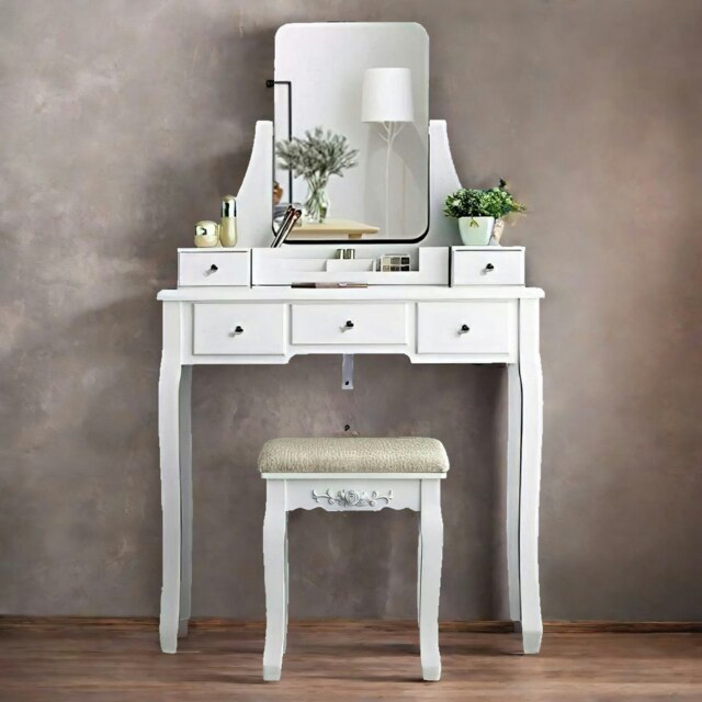 5 Drawer White Dressing Table With Mirror And Stool White