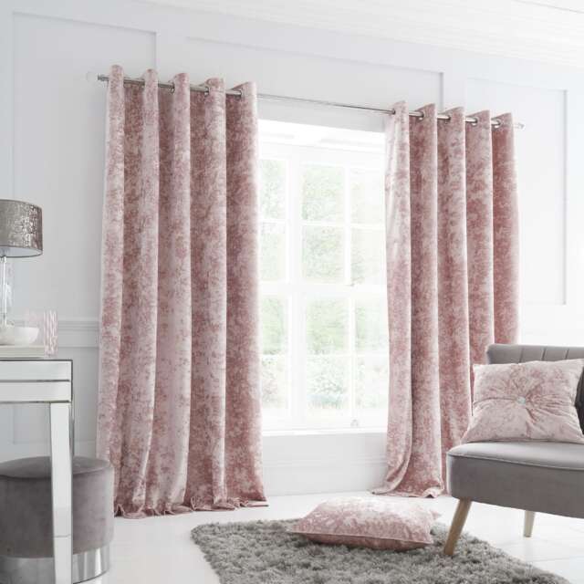 Catherine Lansfield Crushed Velvet Lined Eyelet Curtains Pink Blush Pink