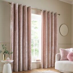 Catherine Lansfield Crushed Velvet Lined Eyelet Curtains Pink Blush Pink