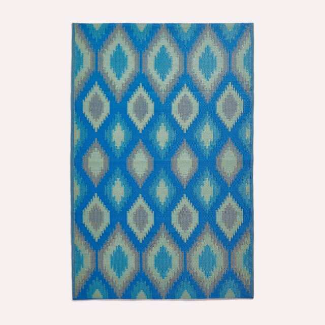 Homescapes Outdoor Rug Luxury Waterproof Reversible Recycled, For Garden, Amber Ikat Blue Blue and Green