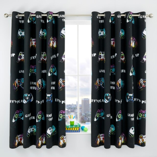 Catherine Lansfield Game Over 66x72 Inch Fully Reversible Eyelet Curtains Black