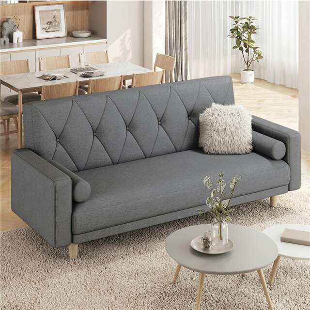 Yaheetech Button-tufted Fabric 3-Seater Sofa Bed with 2 Bolster Pillows