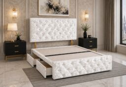 Divan Bed with Upholstered Headboard & Footboard Base 4FT6 Double White Crush 2 Drawers Storage Left Side in Bed