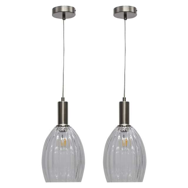 Set of 2 Birch - Clear Fluted Glass Satin Nickel Deco Pendant Fittings