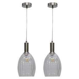 Set of 2 Birch - Clear Fluted Glass Satin Nickel Deco Pendant Fittings