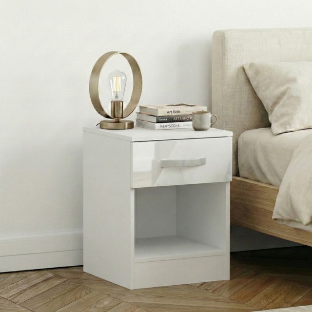 Vida Designs Hulio 1 Drawer Bedside Chest High Gloss Cabinet Table Nightstand, White