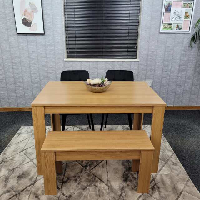 KOSY KOALA 4 Seater Modern Light Wood Dining Table Set with 2 Black Velvet Chairs and Bench H75 x L140 x W80 cm
