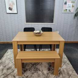 KOSY KOALA 4 Seater Modern Light Wood Dining Table Set with 2 Black Velvet Chairs and Bench H75 x L140 x W80 cm