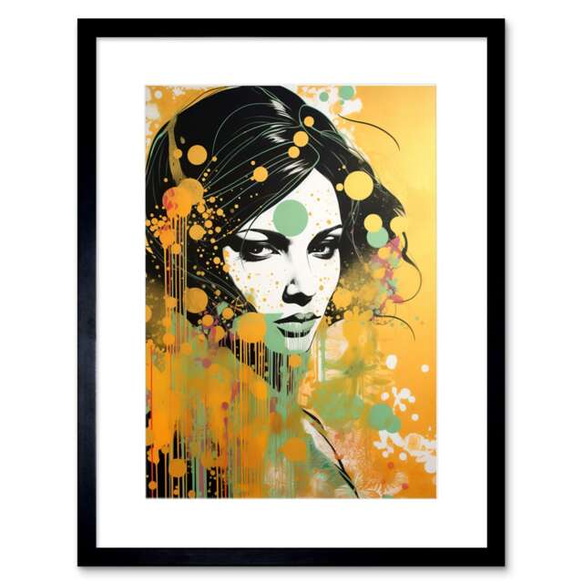 "I'll Be Waiting Black Hair Woman Portrait Green Yellow 9x7"" Black Framed Wall Art Print"