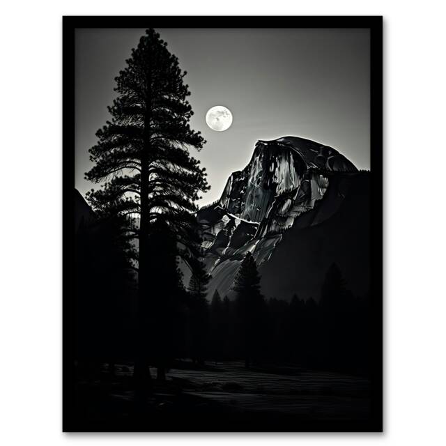 Full Moon Rising Over Half Dome Yosemite National Park Black Framed Wall Art Print A4