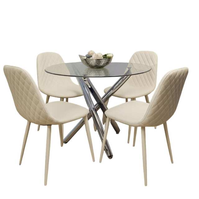 Round Clear Glass Dining Table with Chrome Metal Legs and 4 Cream Leather Padded Chairs, Modern Dining Set