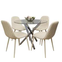 Round Clear Glass Dining Table with Chrome Metal Legs and 4 Cream Leather Padded Chairs, Modern Dining Set