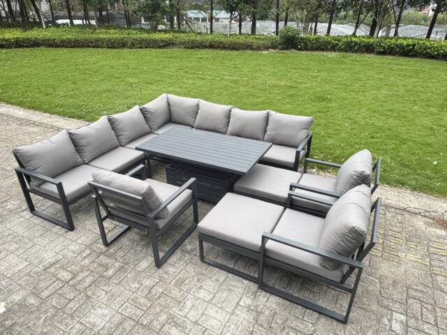 Fimous 12 Seater Aluminium Sofa Set 11 Pieces Outdoor Garden Furniture - Rising Dining Table with Cushions 2 Big Footstools 3 Chairs Footstool Dark Grey