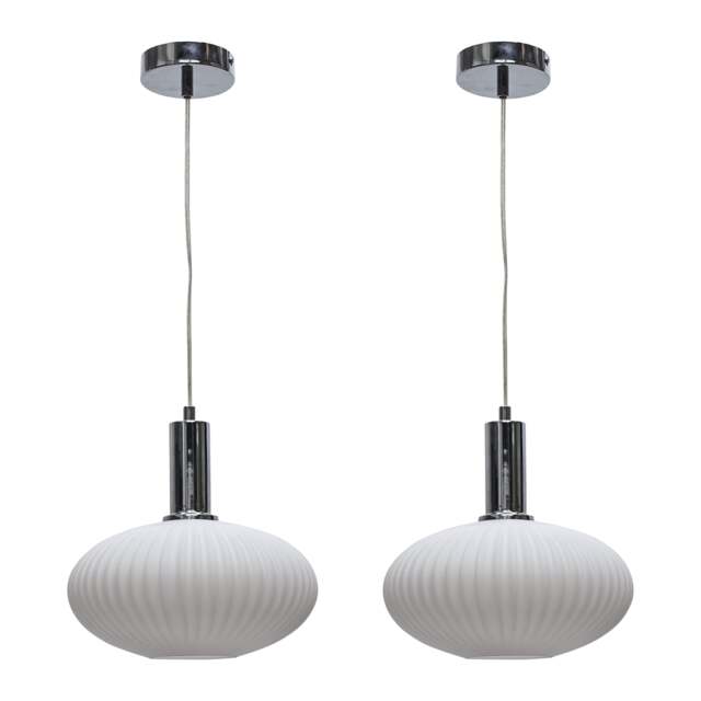 Set of 2 Baton - White Ribbed Oval Glass Chrome Deco Pendant Fittings